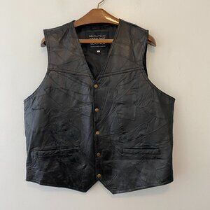 Italian Stone Design Genuine Leather Black Patchwork Snap Front Vest XXL